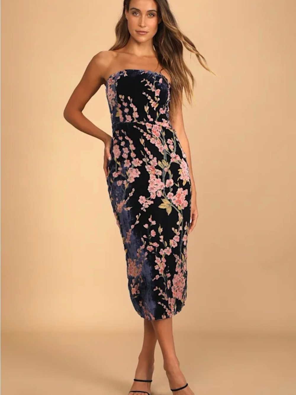 Lulus Buy You Flowers Navy Floral Velvet Strapless Midi Dress L
